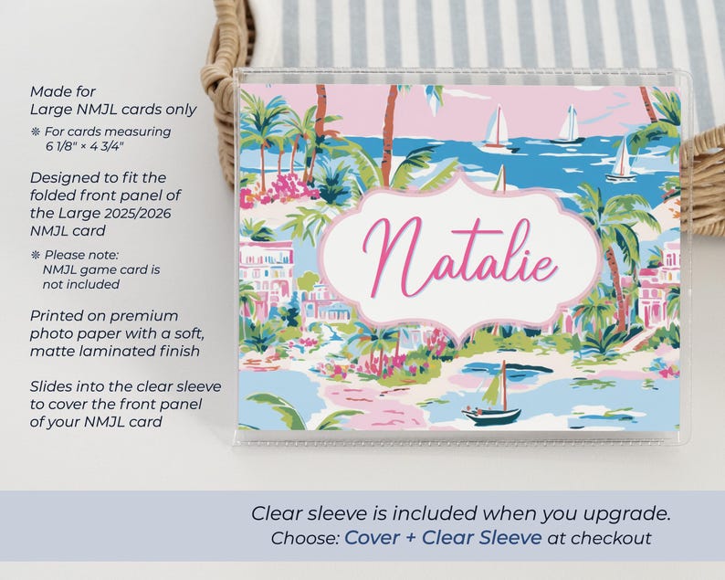 Pink Palm Beach personalized mahjong card cover shown inside clear sleeve with sizing information for Large 2025 2026 NMJL cards and optional sleeve upgrade