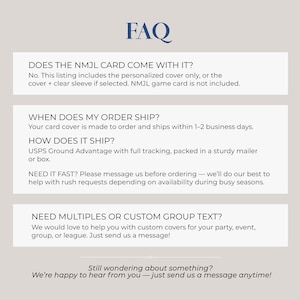 FAQ slide for personalized Mahjong card covers explaining NMJL card not included, 1–2 business day processing, USPS Ground Advantage tracking, sturdy packaging, and custom group orders.