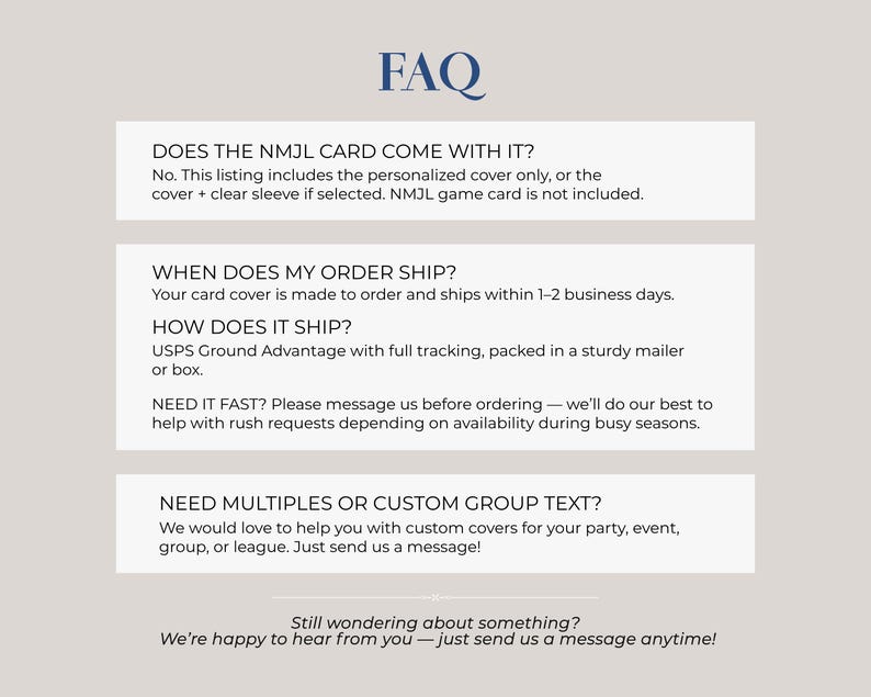 FAQ slide for personalized Mahjong card covers explaining NMJL card not included, 1–2 business day processing, USPS Ground Advantage tracking, sturdy packaging, and custom group orders.