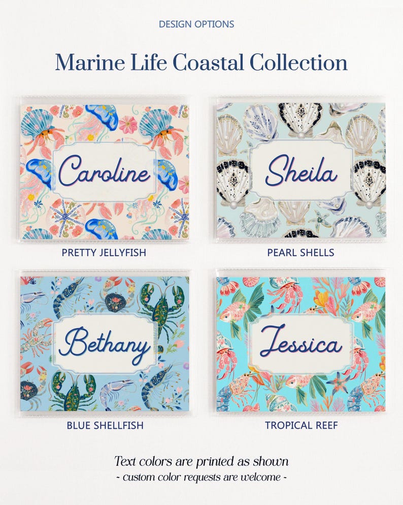 Marine Life Coastal Collection design options for personalized mahjong card covers for Large NMJL cards, showing Pretty Jellyfish, Pearl Shells, Blue Shellfish, and Tropical Reef in pastel blue, aqua, coral, pink, navy, and pearl tones with clear sleeve examples.