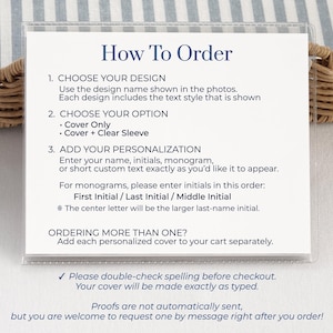 How to order a personalized mahjong card cover for Large NMJL cards, showing design choice, Cover Only or Cover + Clear Sleeve options, and personalization instructions for name, initials, monogram, or custom text on an ocean coastal mahjong card holder.