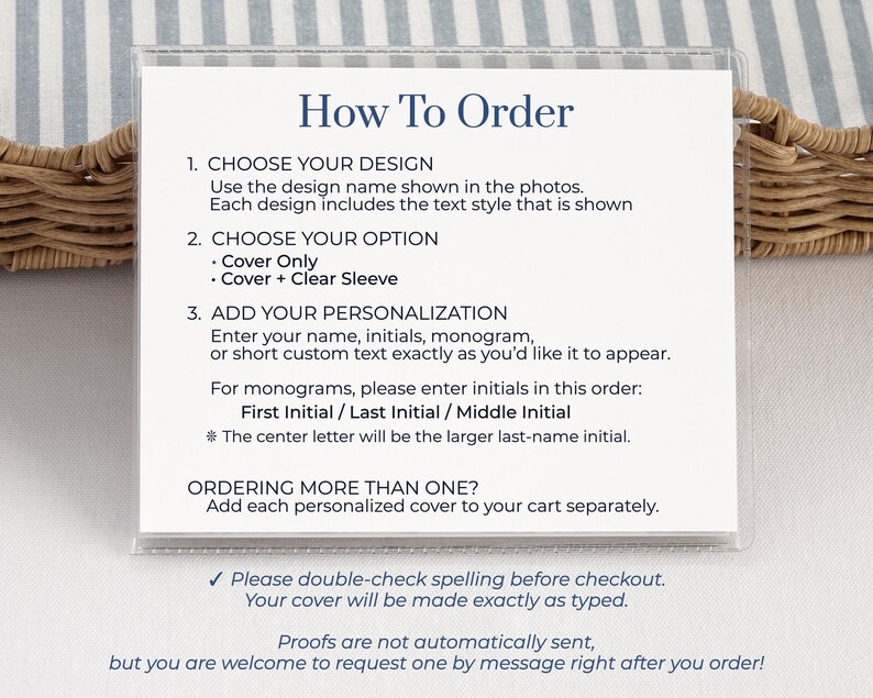 How to order a personalized mahjong card cover for Large NMJL cards, showing design choice, Cover Only or Cover + Clear Sleeve options, and personalization instructions for name, initials, monogram, or custom text on an ocean coastal mahjong card holder.