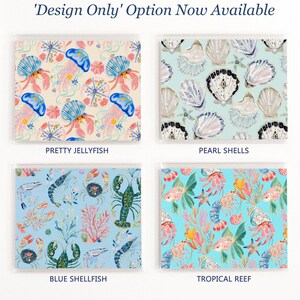 Design Only option for personalized mahjong card covers for Large NMJL cards, showing Marine Life Coastal Collection designs with Pretty Jellyfish, Pearl Shells, Blue Shellfish, and Tropical Reef ocean beach artwork in pastel blue, aqua, coral, pink, navy, pearl, and coastal shellfish styles.