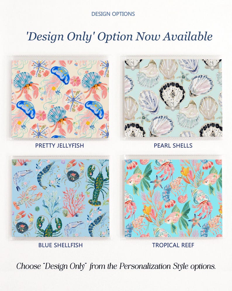 Design Only option for personalized mahjong card covers for Large NMJL cards, showing Marine Life Coastal Collection designs with Pretty Jellyfish, Pearl Shells, Blue Shellfish, and Tropical Reef ocean beach artwork in pastel blue, aqua, coral, pink, navy, pearl, and coastal shellfish styles.