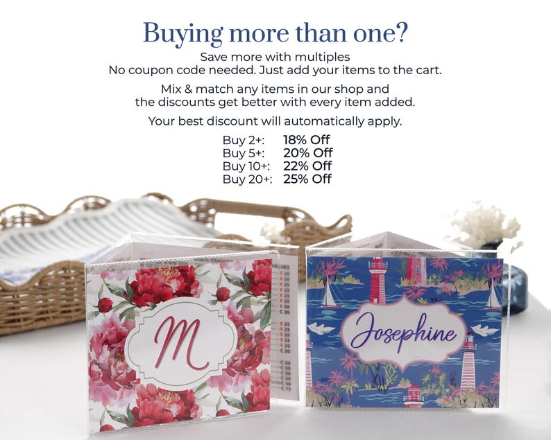 Buying more than one personalized mahjong card cover for Large NMJL cards, showing multiple discount details with clear sleeve mahjong card holders and mix-and-match coastal, floral, and lighthouse designs for group gifts, parties, leagues, and mahjong accessories.