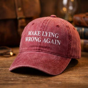 May include: A red baseball cap with a distressed, washed-out finish. The front of the cap features white embroidered text that reads "MAKE LYING WRONG AGAIN" in a clean, sans-serif font. The cap has a curved brim and a structured six-panel design.