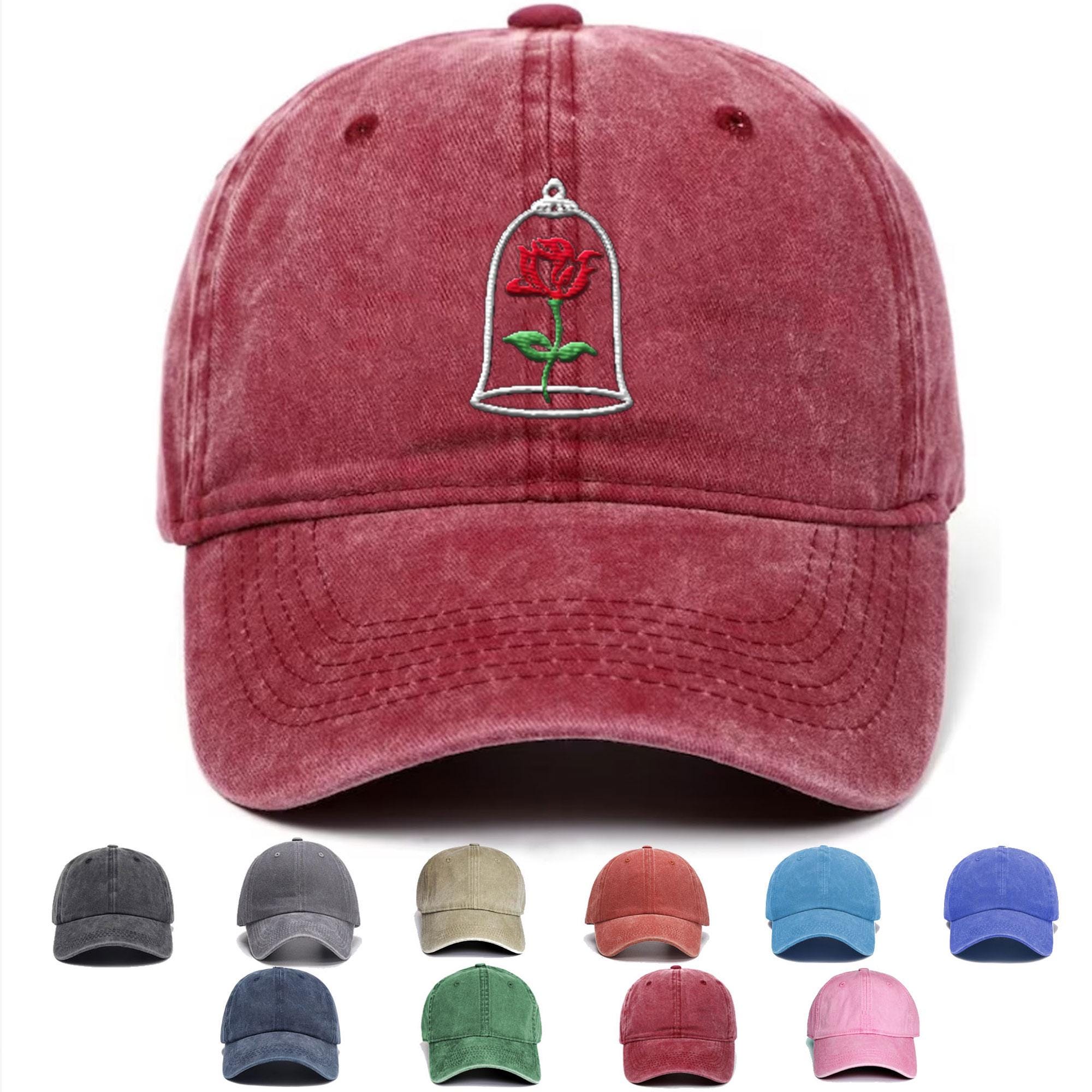 Disney Beauty & the Beast Embroidered Red Rose Blue Strapback Hat Cap Belle Beauty Beast Embroidered Baseball Hat, Disney Rose Cap  main image 4