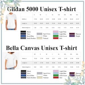Puede incluir: Imagen de producto que muestra dos tipos de camisetas unisex: Gildan 5000 y Bella Canvas. La imagen incluye tablas de tallas con medidas en pulgadas para el ancho, el largo y el largo de la manga. Tambi&eacute;n se muestran muestras de color, incluyendo negro, azul marino y rojo.