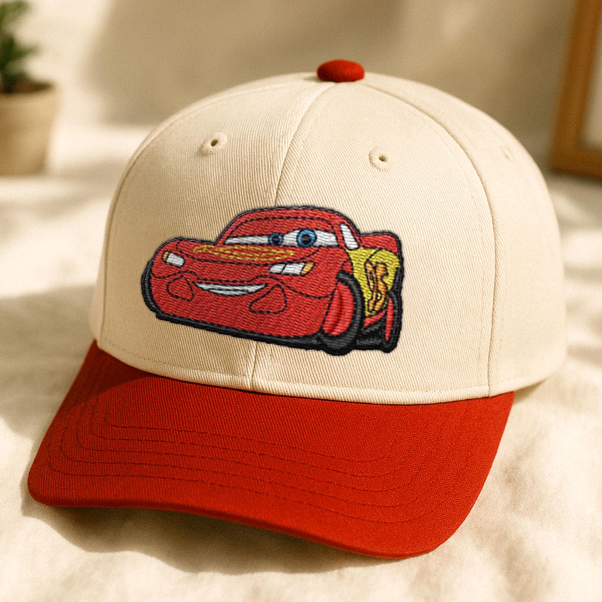 Lightning Mcqueen Embroidered Baseball Trucker Hat, Natural - Main Image