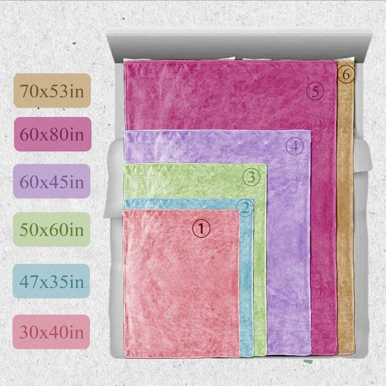 May include: A set of six rectangular plush blankets in various colours, labelled 1 through 6, with corresponding size labels: 30x40in, 47x35in, 50x60in, 60x45in, 60x80in, and 70x53in. The blankets are stacked, showing pink, blue, green, purple, magenta, and tan.