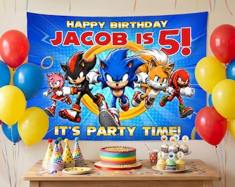 Personalized Sonic The Hedgehog Tapestry, Watercolor Kids Birthday Banner, Gamer Kids Tapestry