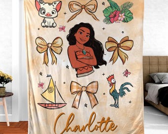 Custom Name Disney Moana Plush Blanket, Moana Simea Maui Hei Hei Pua Blanket, Birthday Girl Gift Blanket, Disney Princess Blanket