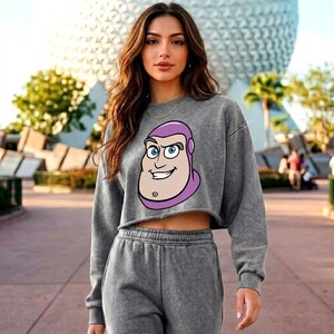 Buzz Lightyear Big Face Women’s Cropped Distressed Sweatshirt, Cute Pixar Space Ranger Top, Disneyland Trip Shirt image 5