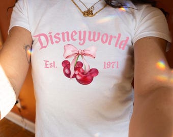 Disney World 1971 Cherry Bow Baby Tee & T-Shirt Y2K, Womens Baby Tee, Cherry Graphic Tee, Coquette Baby Tee, Cool Girl Baby Tee