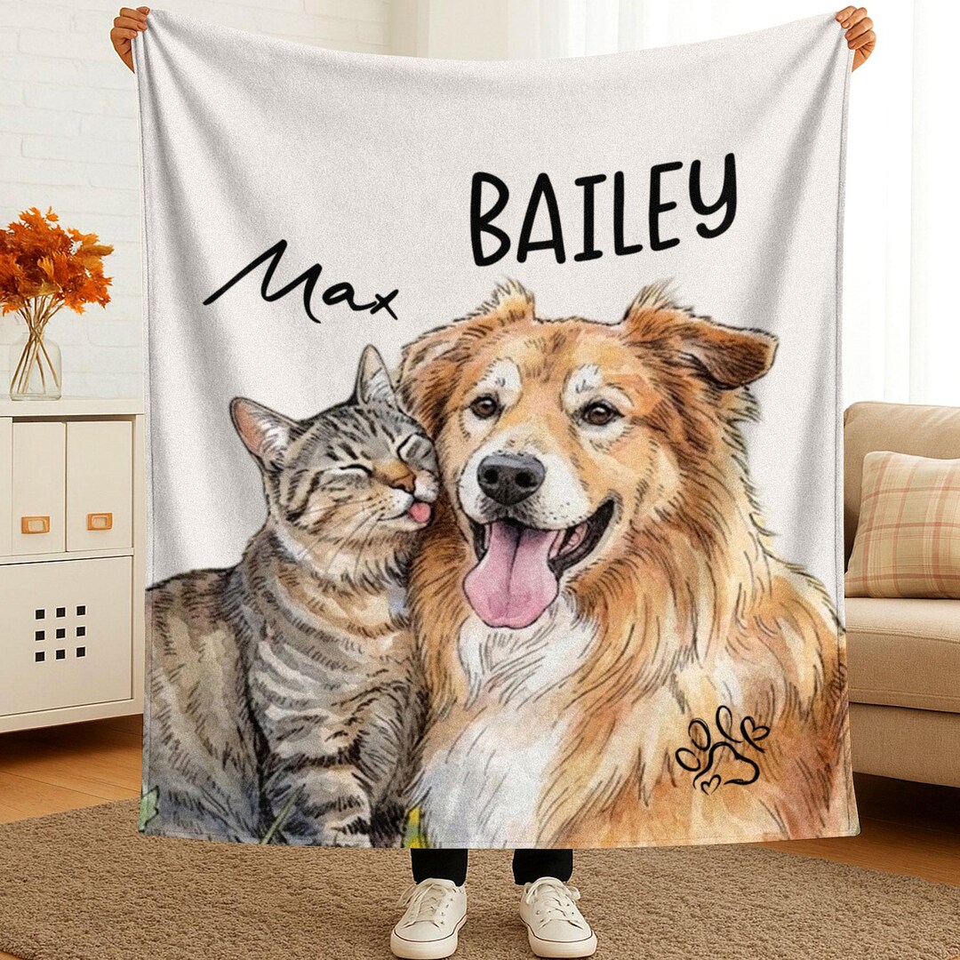 Personalized Pet Photo Blanket, Custom Cat Dog Portrait Fleece Blanket ...
