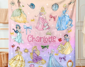 Custom Name All Disney Princess Belle Jasmine Elsa Plush Blanket, Watercolor Disney Blanket, Birthday Gift Blanket, Disney Princess Blanket