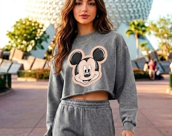Mickey Water Color Big Face Women’s Cropped Distressed Sweatshirt, Cute Mickey Art Top, Disneyland Trip Shirt