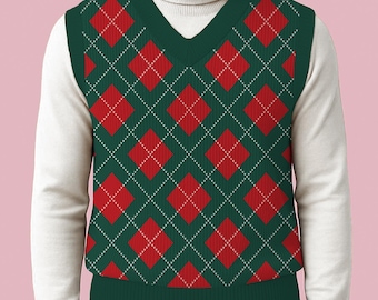 Argyle Green Red Plaid V-neck Vest, Holiday Knit