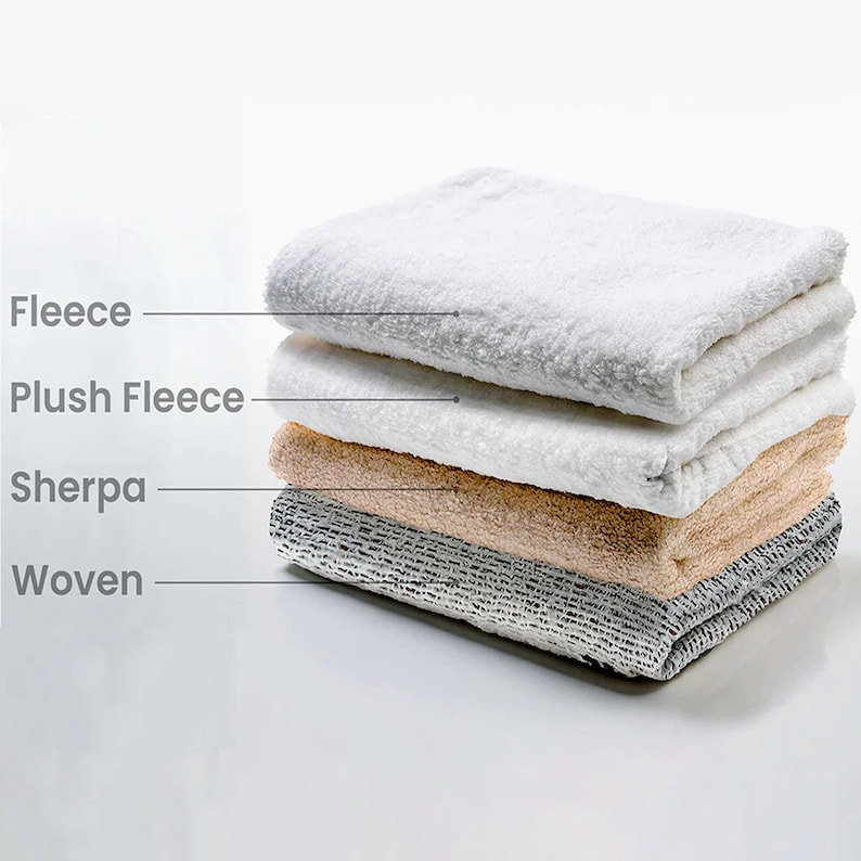 May include: A stack of four folded fabric swatches labelled with text. The top layer is white fleece, the second is white plush fleece, the third is tan sherpa, and the bottom layer is a grey and white woven fabric with a visible grid-like texture.