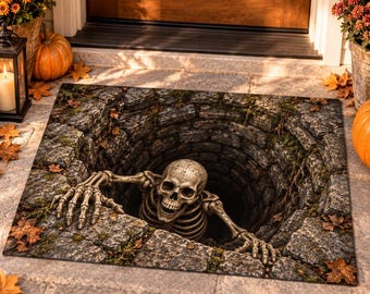 Creepy Skeleton Round Pit Halloween Doormat, 3D Optical Illusion Brick Well Rug, Scary Skeleton Floor Mat, Haunted House Outdoor Porch Decor