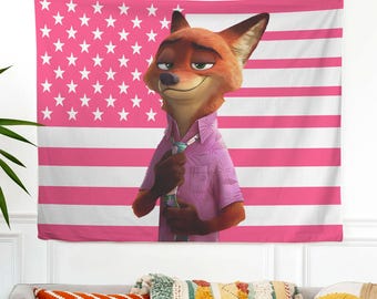Nick Wilde Pink USA Flag Wall Decor Tapestry, Nick Wilde Indoor Wall Tapestries, Nick Wilde Zootopia Pink Flag, Family Gift