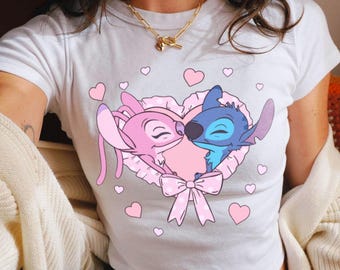 Stitch Angel Sweatheart Nite Pink Pastel Heart Coquette Bow Baby Tee & T-Shirt Y2K, Womens Baby Tee, Disney Locket Coquette Baby Tee
