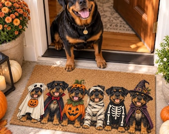 Personalized Rottweiler Halloween Coir Doormat, Custom Rottie Costume Welcome Mat, Spooky Dog Porch Decor, Dog Lover Gift