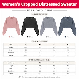 May include: A cropped distressed sweater shown in pink, black, grey, and blue. The image includes a size and colour guide with tables listing length, bust, shoulder, and sleeve measurements in inches and centimetres for sizes S, M, L, and XL.