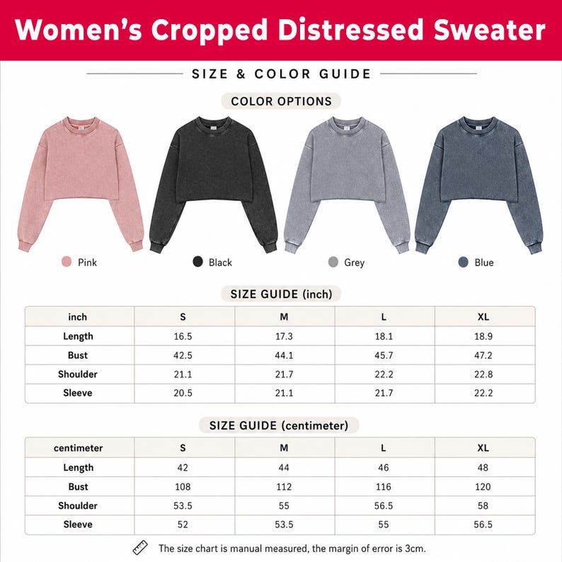May include: A cropped distressed sweater shown in pink, black, grey, and blue. The image includes a size and colour guide with tables listing length, bust, shoulder, and sleeve measurements in inches and centimetres for sizes S, M, L, and XL.