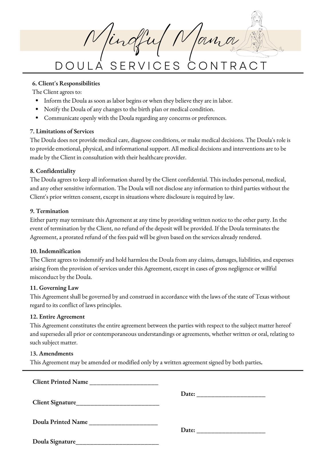 Editable Doula Contract Template Canva Birth Doula Services Agreement