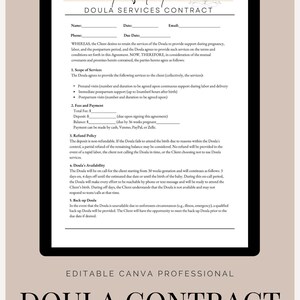 Plantilla editable de contrato de doula en Canva / Acuerdo de servicios de doula de parto (descarga digital)