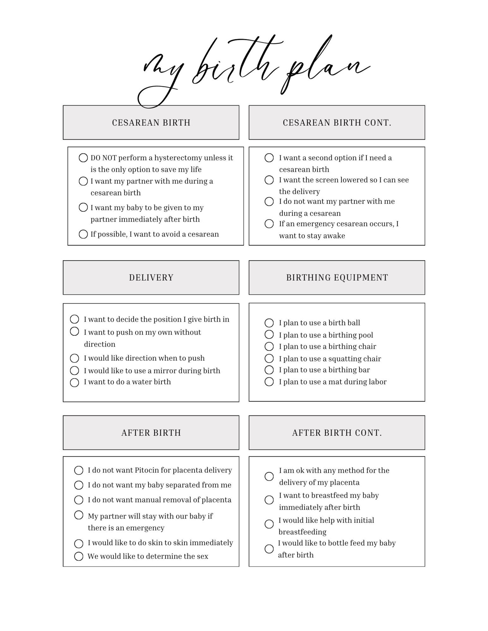Minimalist Printable Birth Plan Checklist - Etsy