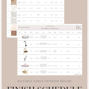 Könnte beinhalten: Ein beigefarbener und weißer Innenausbau-Zeitplan mit dem Text "Williams House" und "Finish Schedule". Das Dokument enthält einen Bodenbelags- und Sanitärplan mit Produktdetails und Maßen.