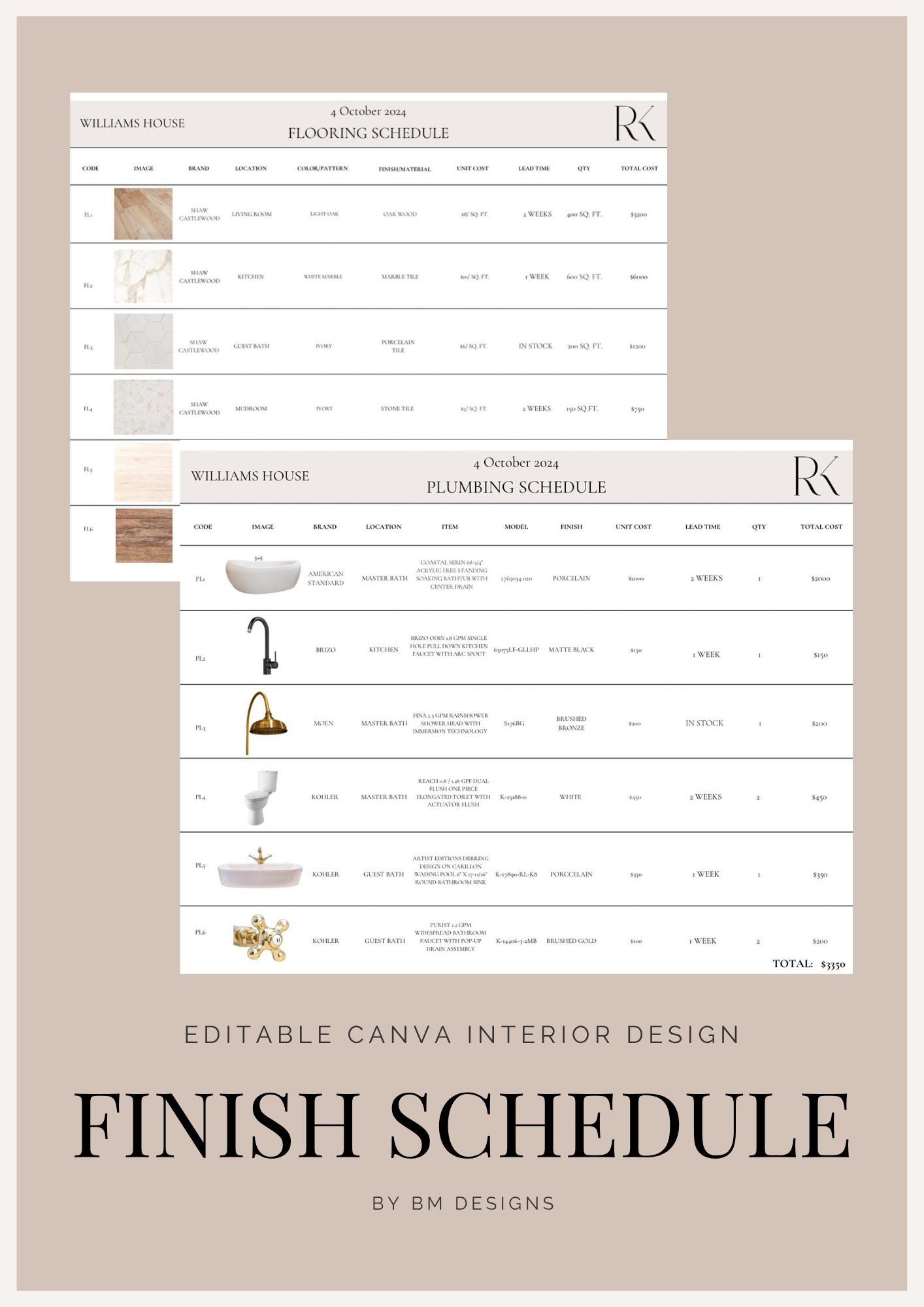 Editable Interior Design Finish Schedule Template PDF - Etsy