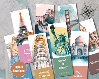 Set mit 8 World Wahrzeichen Lesezeichen | Reisen, Printable, Bon Voyage Party, Buch-Liebhaber-Geschenk, rund um die Welt Sehenswürdigkeiten