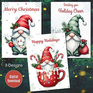 Conjunto de 3 cartões de Natal de gnomos, cartões de boas festas, cartões de Natal para impressão, cartões de felicitações de Natal, cartões de felicitações de Natal fofos