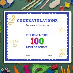 100th Day of School Certificate, Editable 100th Day Award, 100s Day Printable, Classroom Celebration, 100 Days of School Homeschool Activity