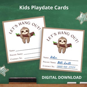 Faultier Spieldatum Karten, Kinder Kontaktkarte, Kinder Spieldatum Einladung, Schule ist aus Kontaktkarten, druckbare Klassenzimmer Karten, Tierspiel Datum