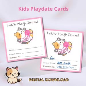 Può includere: Carte di appuntamento per giocare stampabili rosa e bianche con un'illustrazione di un gatto dei cartoni animati e il testo "Let's Play Soon!" Le carte hanno campi per il nome del bambino, il nome del genitore e il numero di contatto.