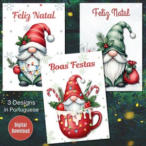 3er Set Feliz Natal Gnom Weihnachtskarten, portugiesische Weihnachten, Boas Festas Karten, druckbare Weihnachtskarten, Weihnachtsgrüße
