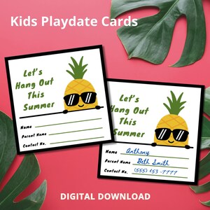 Sommerpause Playdate Karten, Kinder Kontaktkarten, Schulpause Karte, Kinder Playdate Einladung, druckbare Klassenzimmer Karten, Ananas Kontakt