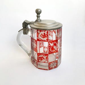 Antique purple-stained bierdermeier glass pitcher, lidded, ruby glass stein mug, German