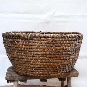 Antique Huge Rye Straw Basket, Woven Coiled Rye Grass Storage, French Coiled Rye Basket, Early Primitive splint rye straw round basket bowl