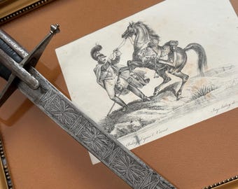 Antike 19th Century Französische Husaren Lithographie – Gerahmter Militär Reiter Druck, signierter Kupferstich Stil Kunstwerk, Vintage Wandkunst