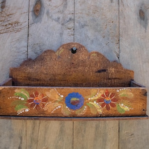 Hand-painted wooden wall cutlery holder, Antique european folk art wall decor, vintage cabinet, Spice box