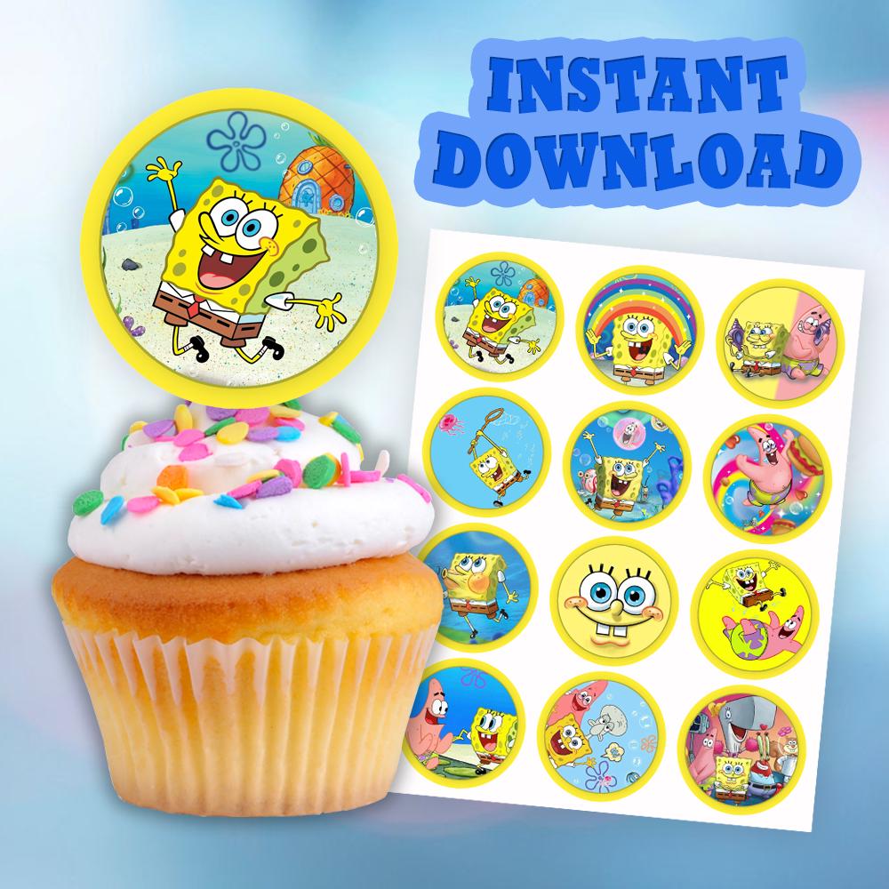 SPONGE Bob Cupcake Toppers, Spongebob, Digital Cupcake Toppers, 12 Pcs ...