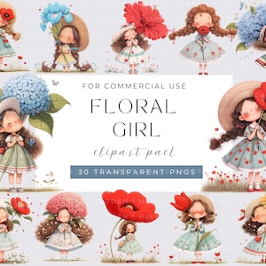 Flower Girls Clipart Quirky Girl Kawaii Digital Download Adorable Girl Illustrations Characters for Crafting Design