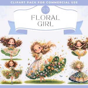 Fille originale en clipart fleurs, fille florale, clipart aquarelle imprimable, PNG de haute qualité, téléchargement numérique, créations en papier, journal indésirable