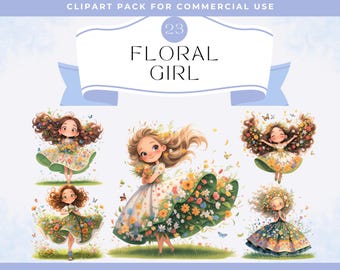 Quirky Girl in Flowers Clipart, Floral Girl, Printable Watercolor clipart, High Quality PNGs, Digital download, Paper craft, junk journal