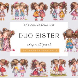 Watercolor Cute Duo Sisters Clipart, Commercial Use, Whimsical girl, Watercolor Quirky Friends Clipart, Instant Download, Paper Craft